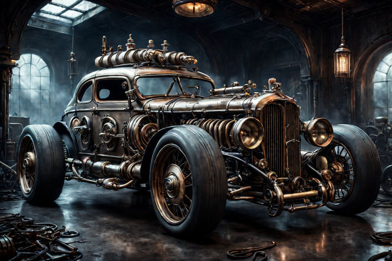 crazy steampunk car with ornaments, vintage car in the desert