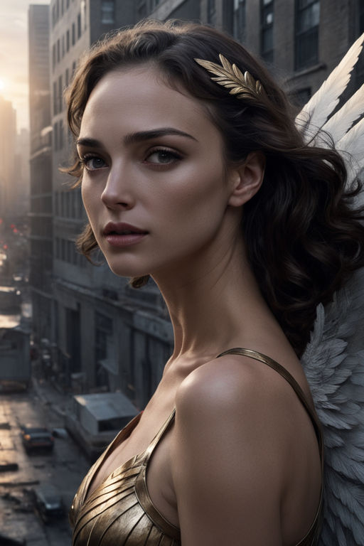 Prompt: GAL GADOT angel, masterpiece, transparency, desperate eyes, hiding behind wings, broken city, sunrise