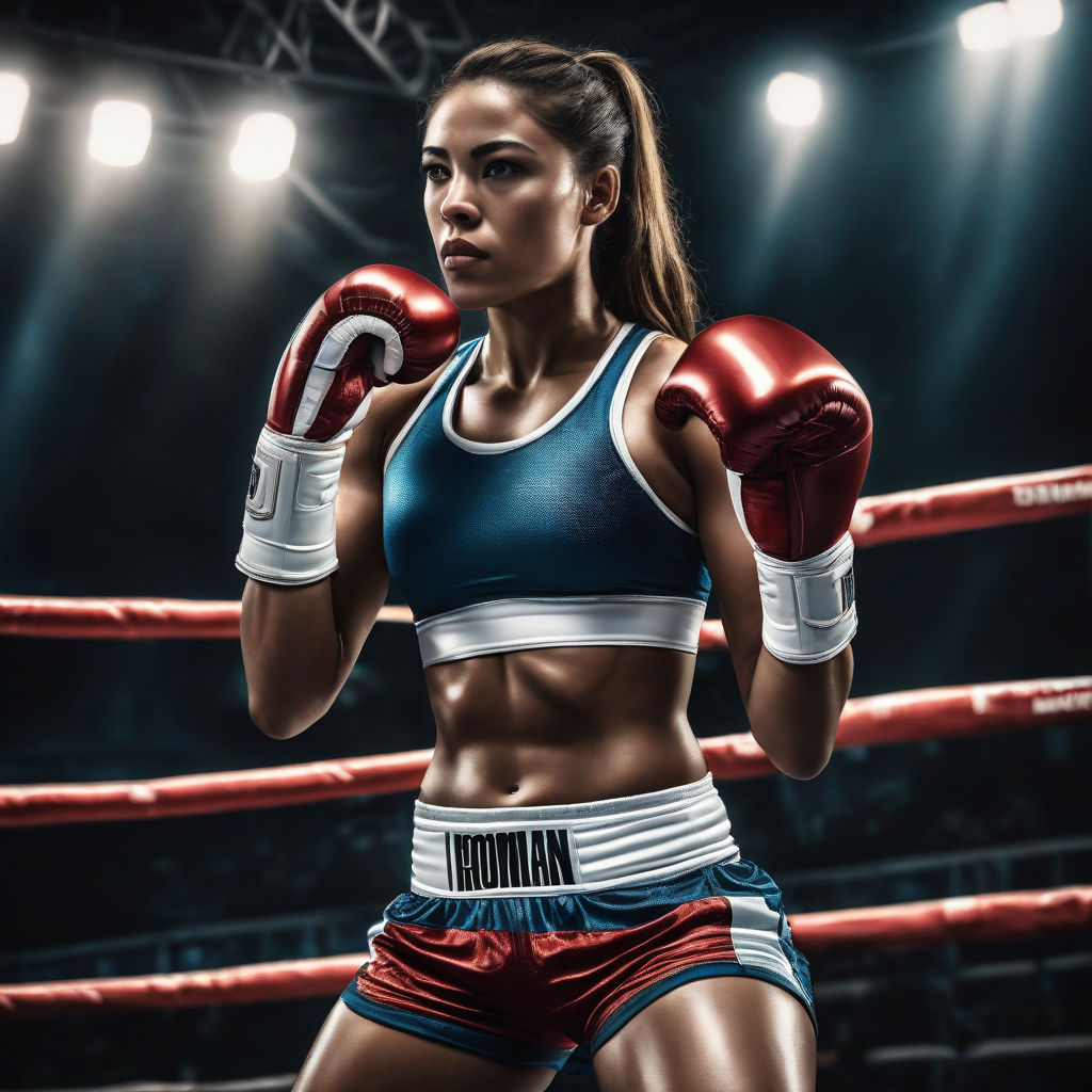 Young Female Boxer in Boxing Ring with Sports Bra