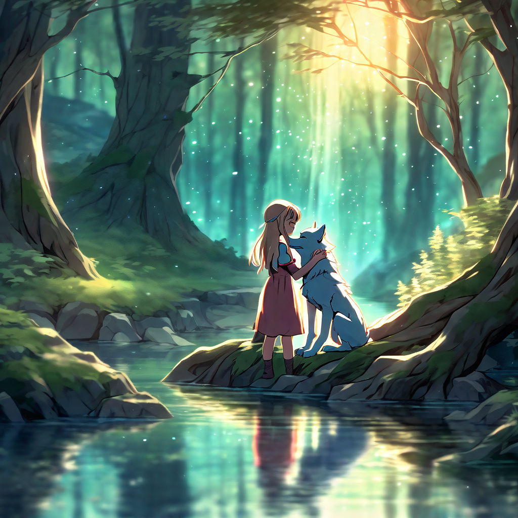 anime girl hugging wolf