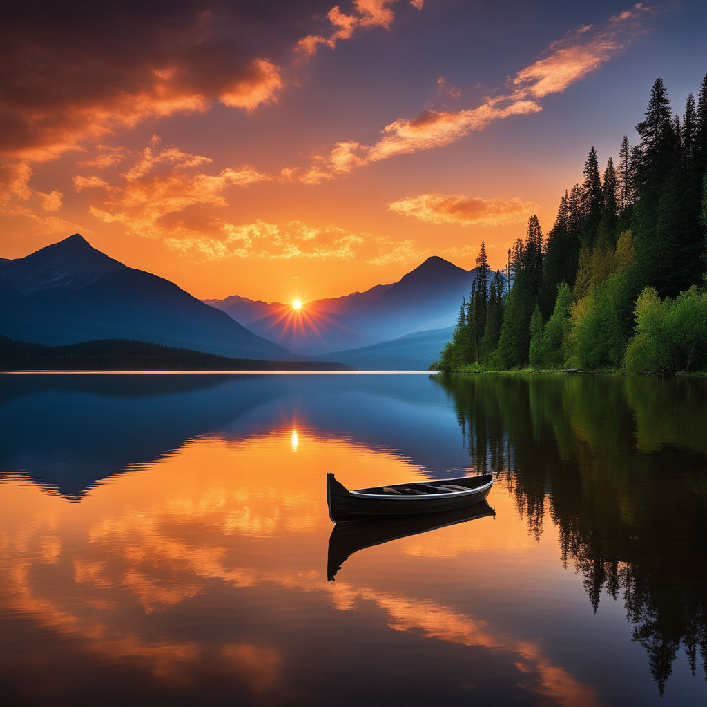 Draw a realistic photo of a speedboat with a sunset in the background