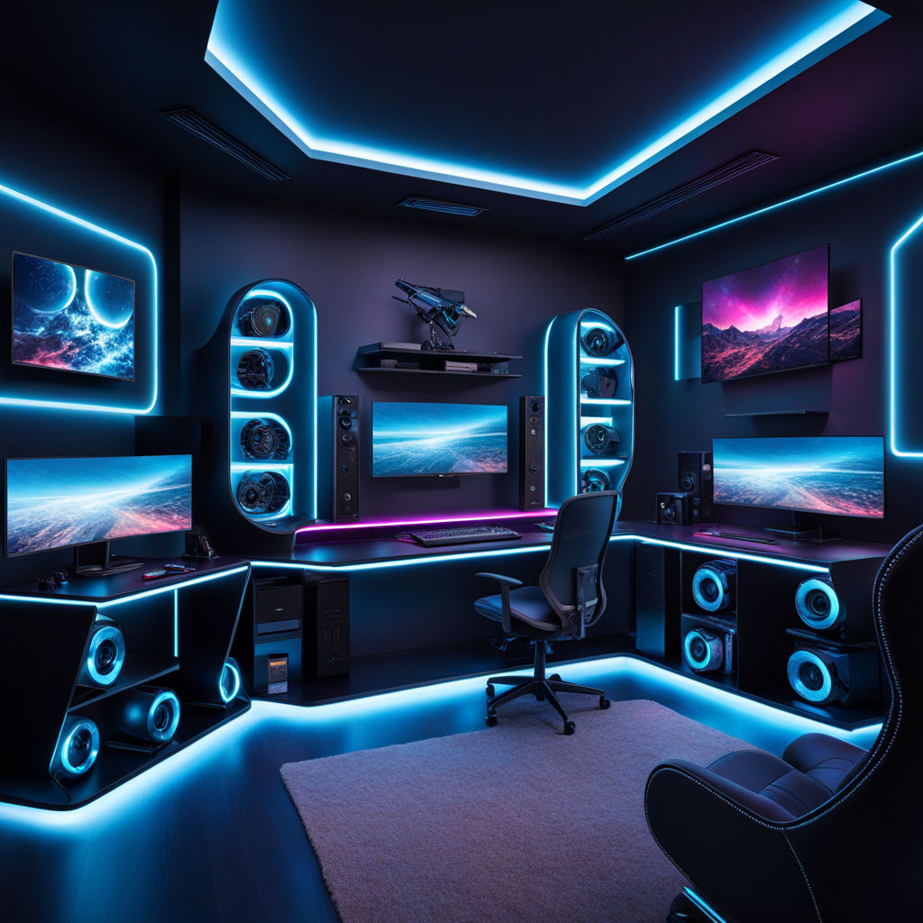 Spectacular gaming room interior, gaming pc, gaming desk, game