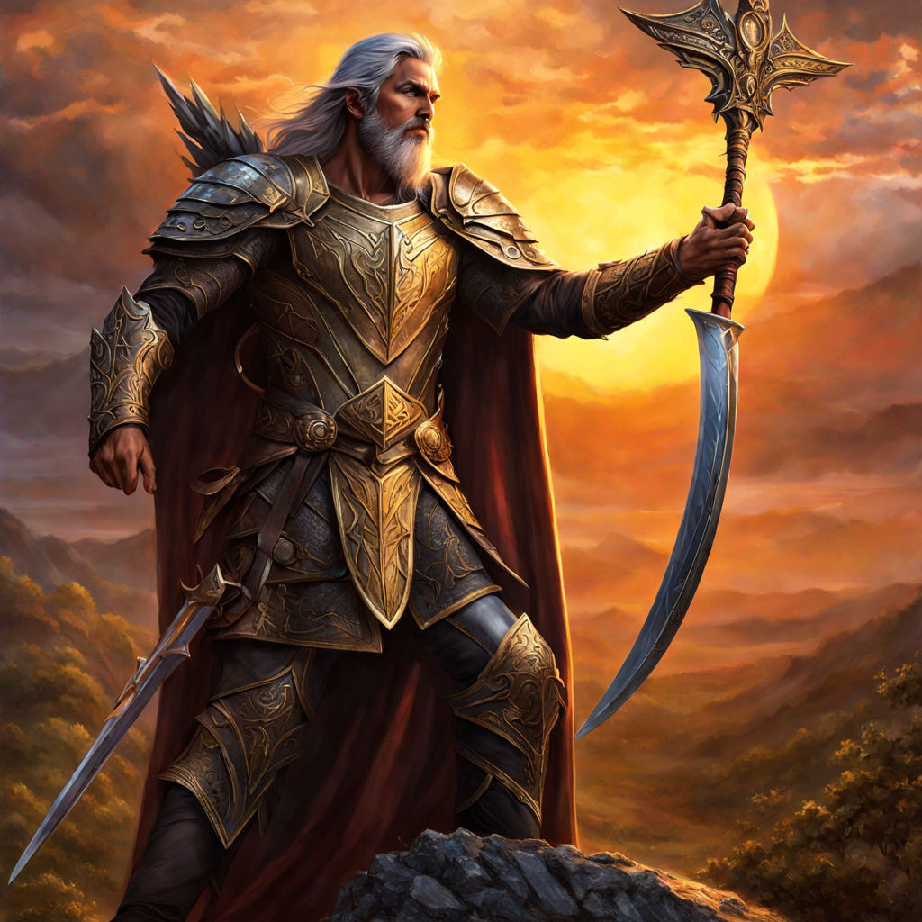 Odin. A tall old man with a flowing beard and only one eye which is  described as pale blue. He was usually depicted wearing a cloak and  carrying a spear named 'Gungnir.' [