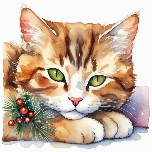 Cat Watercolor Painting with Christmas Background and Intricate Detail ·  Creative Fabrica