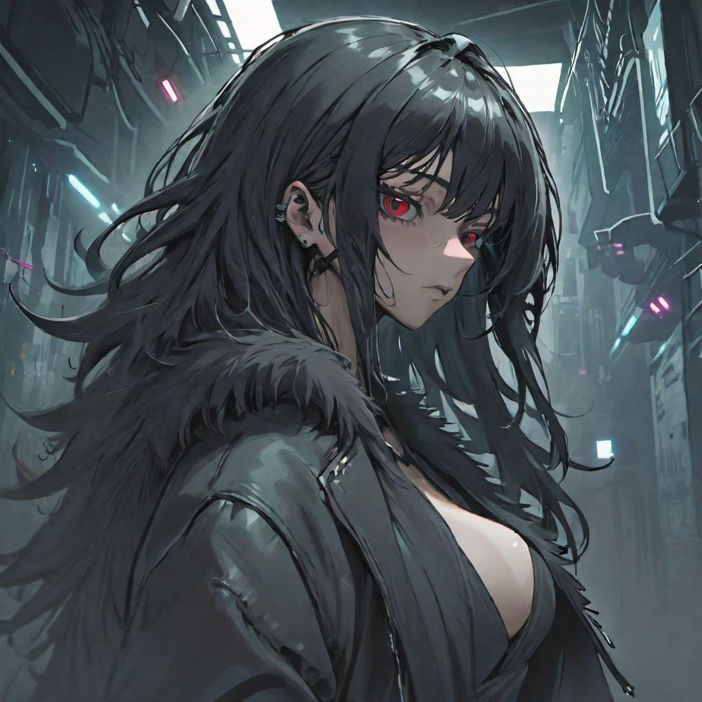 red eyes, Vhumiku, anime girls, anime, black hair, dog, cyberpunk