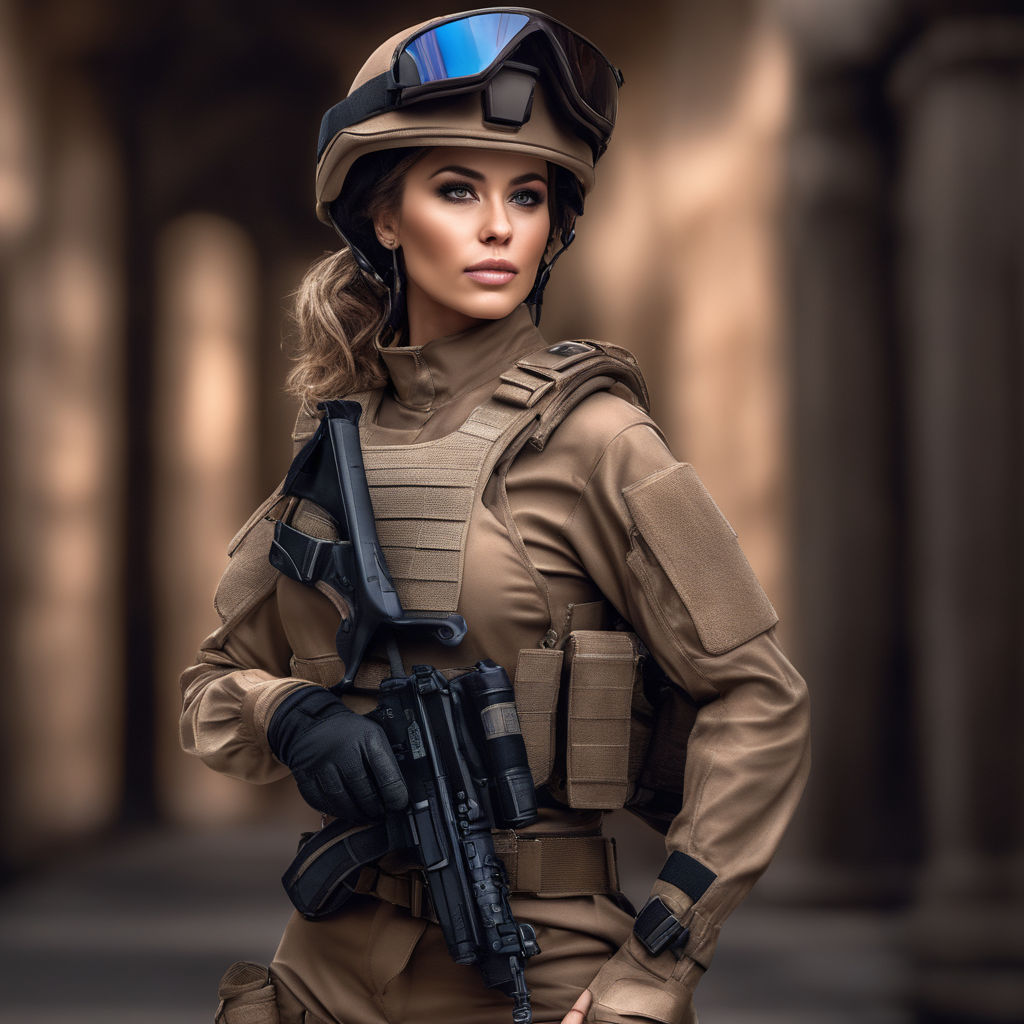 Full Length Portrait Female Soldier Wearing Black Tactical Armour