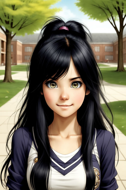 Anime girl, with tan skin, golden eyes, determined expression, black hair,  dark green hoodie, and black skirt, detailed