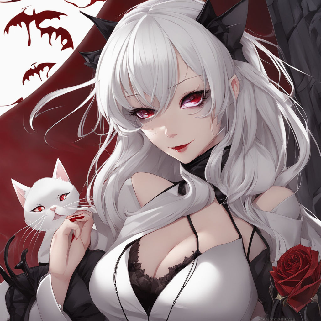 sexy anime vampire girl with white hair and red eyes