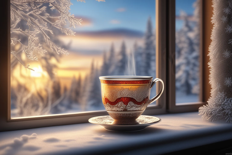 Hot Coffee cup on a frosty winter day window background