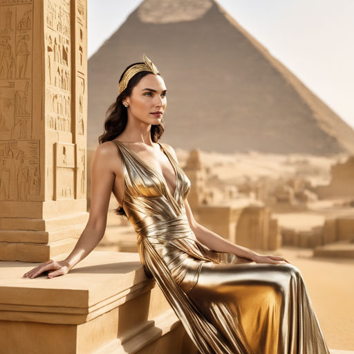 Prompt: Queen Cleopatra Gal Gadot very pretty  gorgeous Gal Gadot dressed in a gold gown of see-through silk with traditional  Egyptian attire  sitting on an Egyptian Sofa on a Balcony looking out toward the pyramids covered in white limestone in Giza  ultra-realistic 8K 22-4 Hasleblad Herb Ritts and Annie Leibovitz 