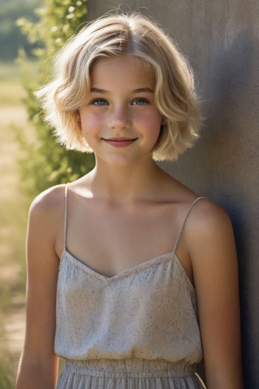 Photo of a beautiful 10-year old girl with short honey-blonde hair wearing  a stylish white tank top. Thin - Playground