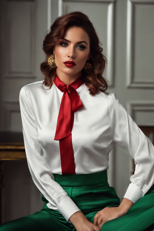 long sleeved white blouse with a green and red striped neck tie