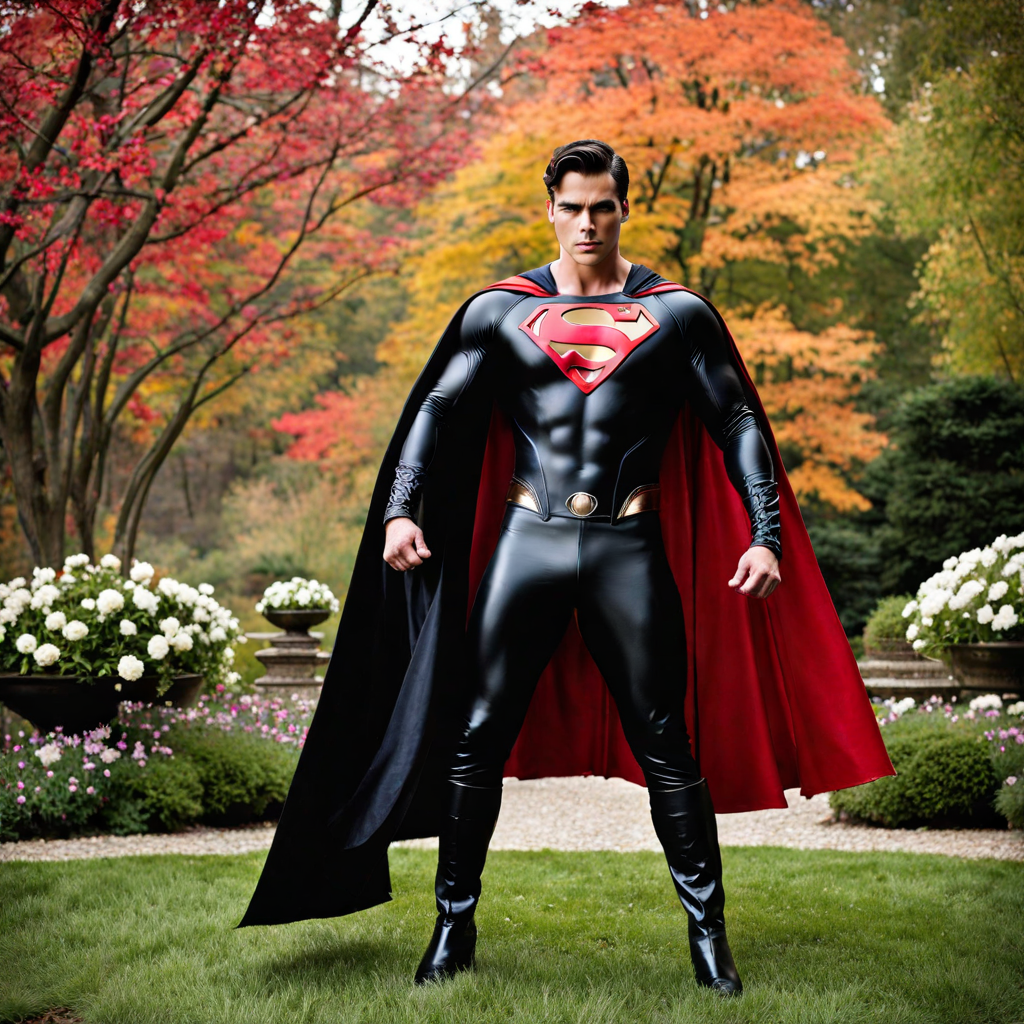 Superman dressed in jet-black spandex suit and latex cape