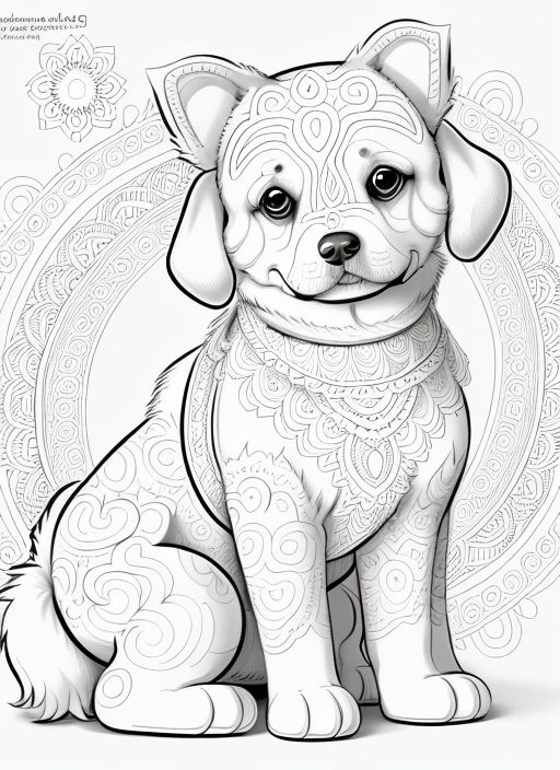 Create a black and white cartoon coloring image of a DOG playing ...