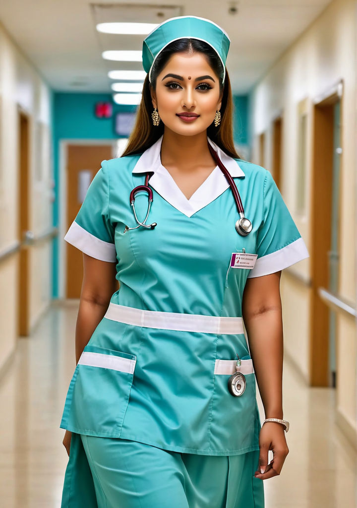 Beautiful Kerala nurse standing in mini pencil skirt. Showing legs. White  dress. White skin color. Full size photo from face to feet with shoes. Leg  fully visible. 4k clarity. In high Bright