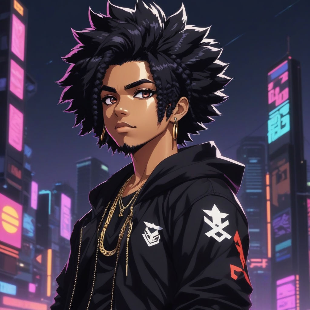 Tokyo ghoul anime style male african american character with extra dark  brown skin with black hair short afro