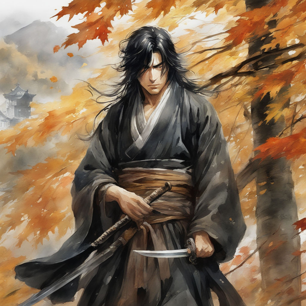 Anime guy with long black hair to the waist in a black kimono