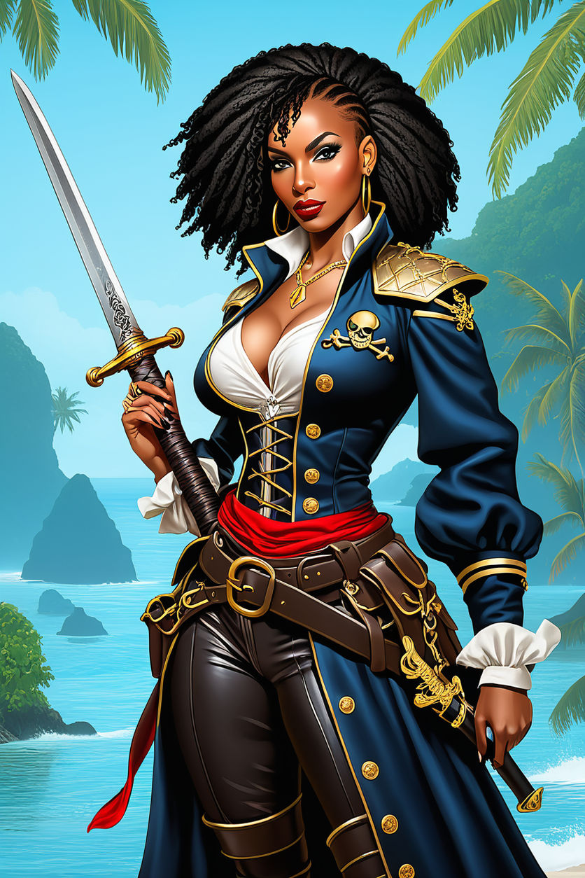 VarnaBrokentree: a fierce female pirate captain with glossy black