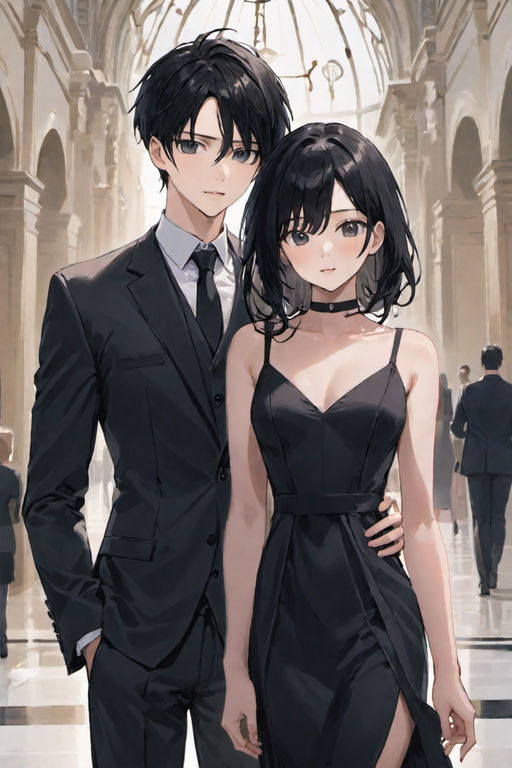 Anime, couple, black dress, handsome, gorgeous