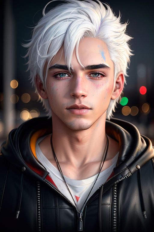 Anime boy with intricate white hair and blue eyes Stock