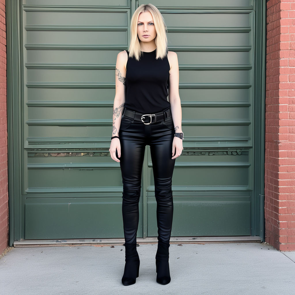 20 years old toned girl wearing black old leather pants - Playground