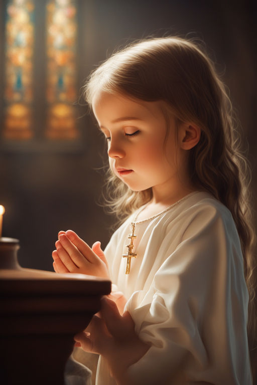 cute small girl praying in the church and Jesus giving blessing