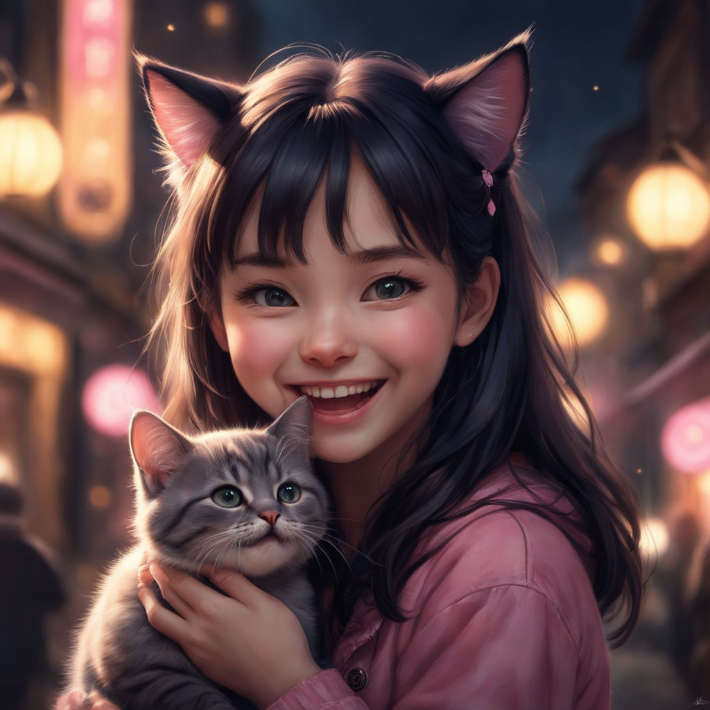 Cute Anime Cat Girl In Space with kawaii Cat by Anass Benktitou