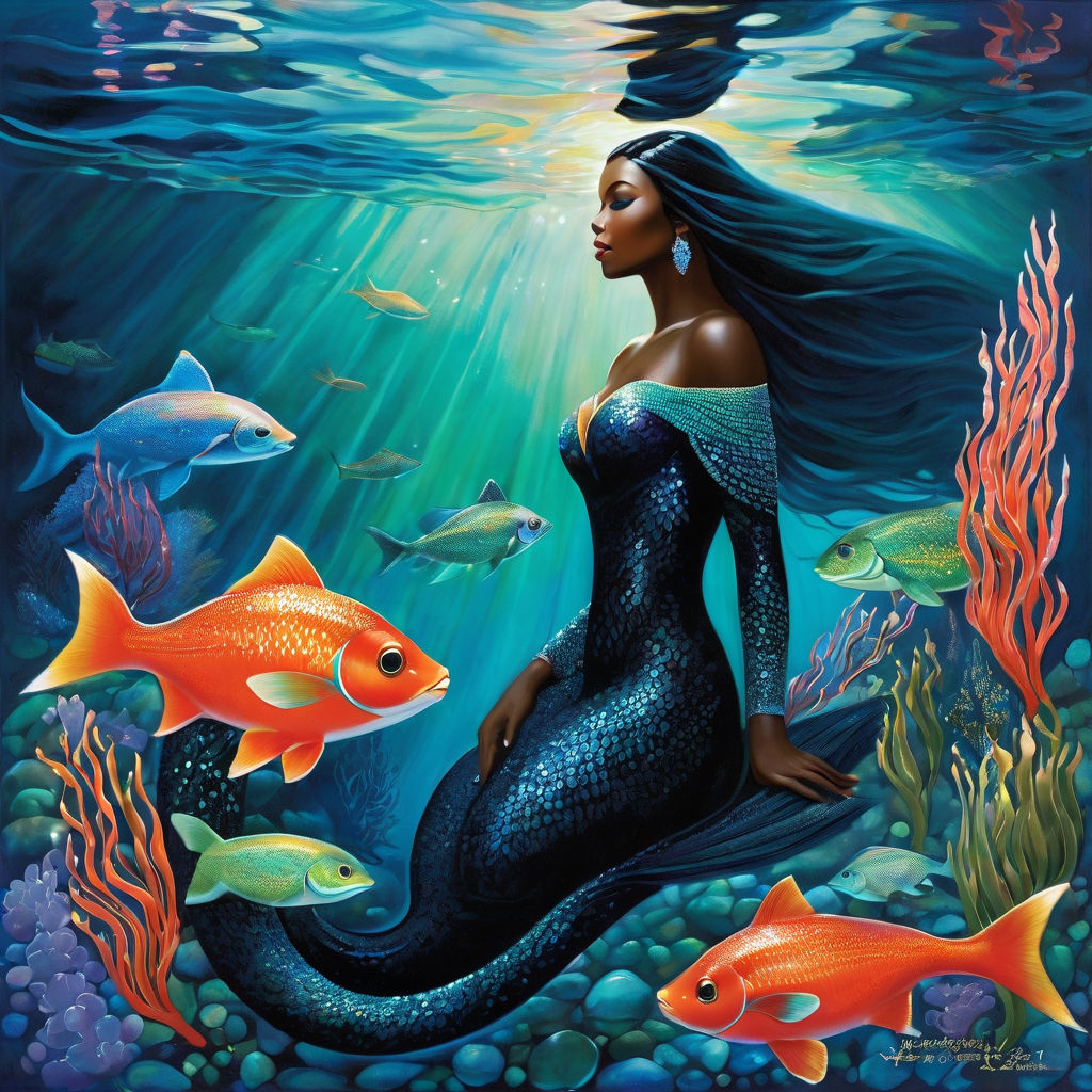 a painting of one beautiful african mermaid in the water - Playground