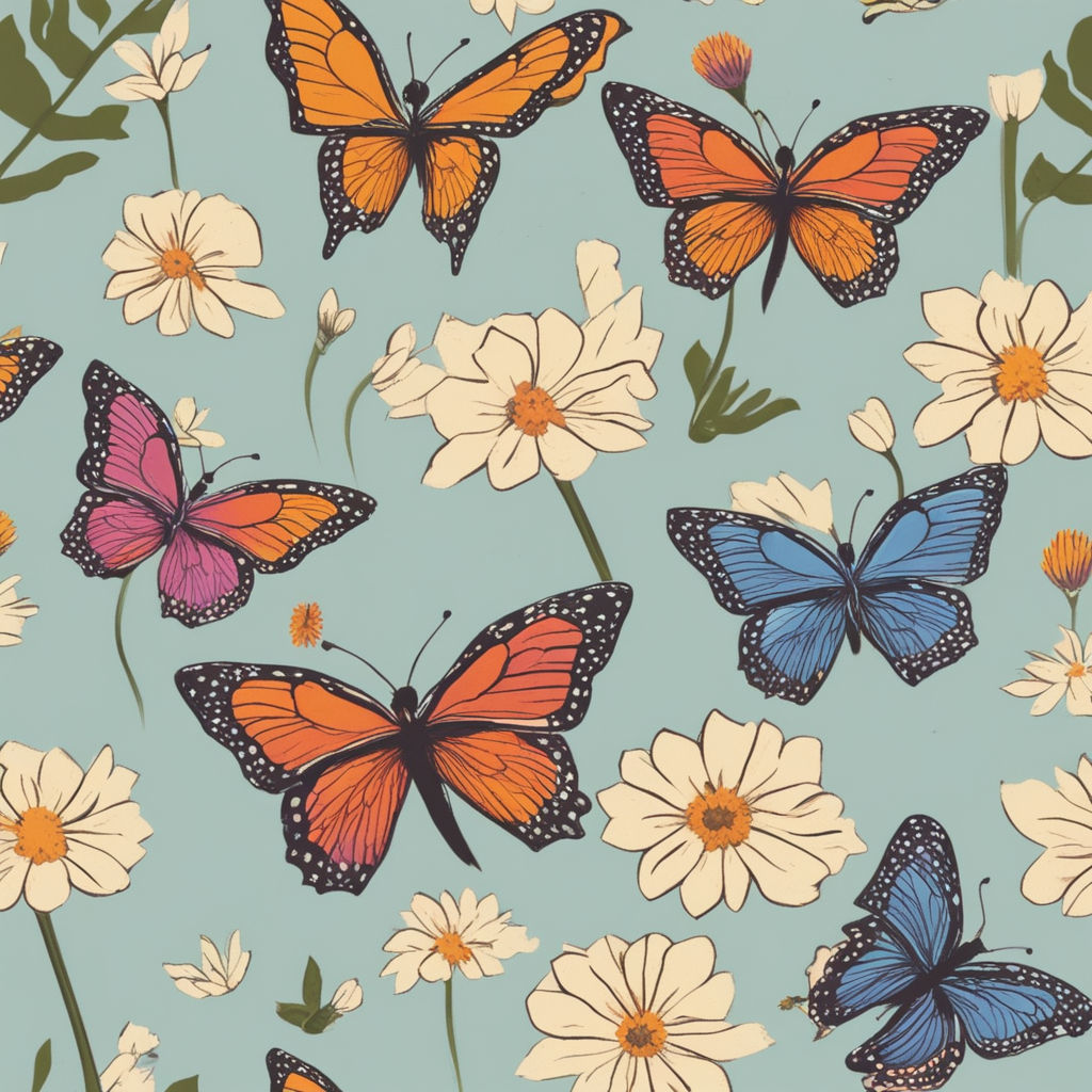 Vintage cute romantic seamless wild flowers pattern with butterflies - All  over floral daisy butterfly print - vintage Art Print