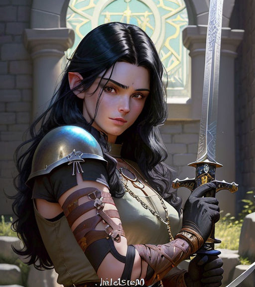 worn-walrus279: Half-elf female with long black hair liquid golden eyes  with a dark barmaid outfit