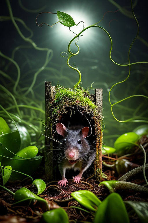 Create an image of rats fleeing from a menacing and carnivorous