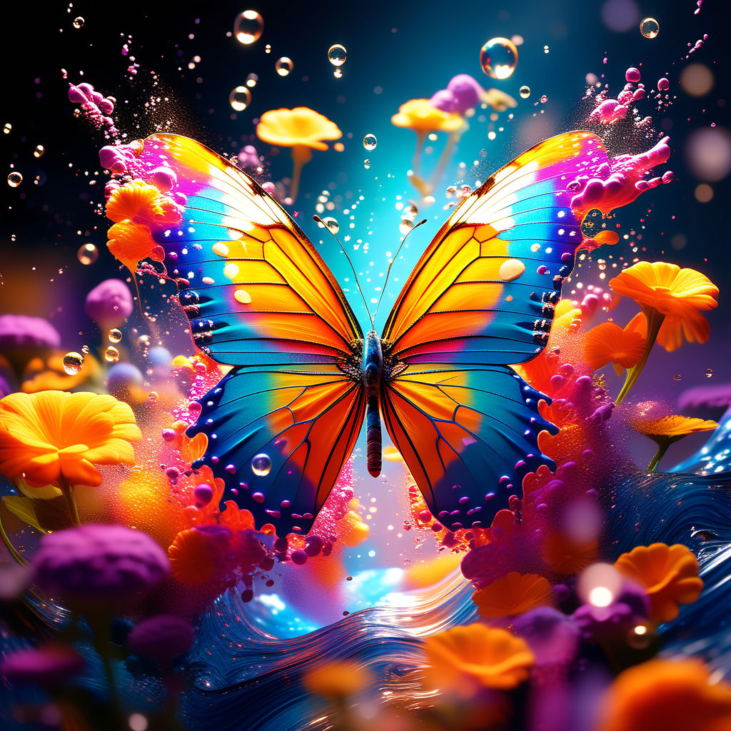 A vibrant butterfly emerging from a mysterious cocoon of colors