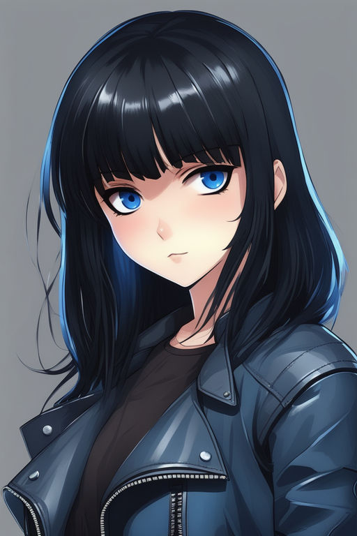 anime girl with black hair and blue highlights