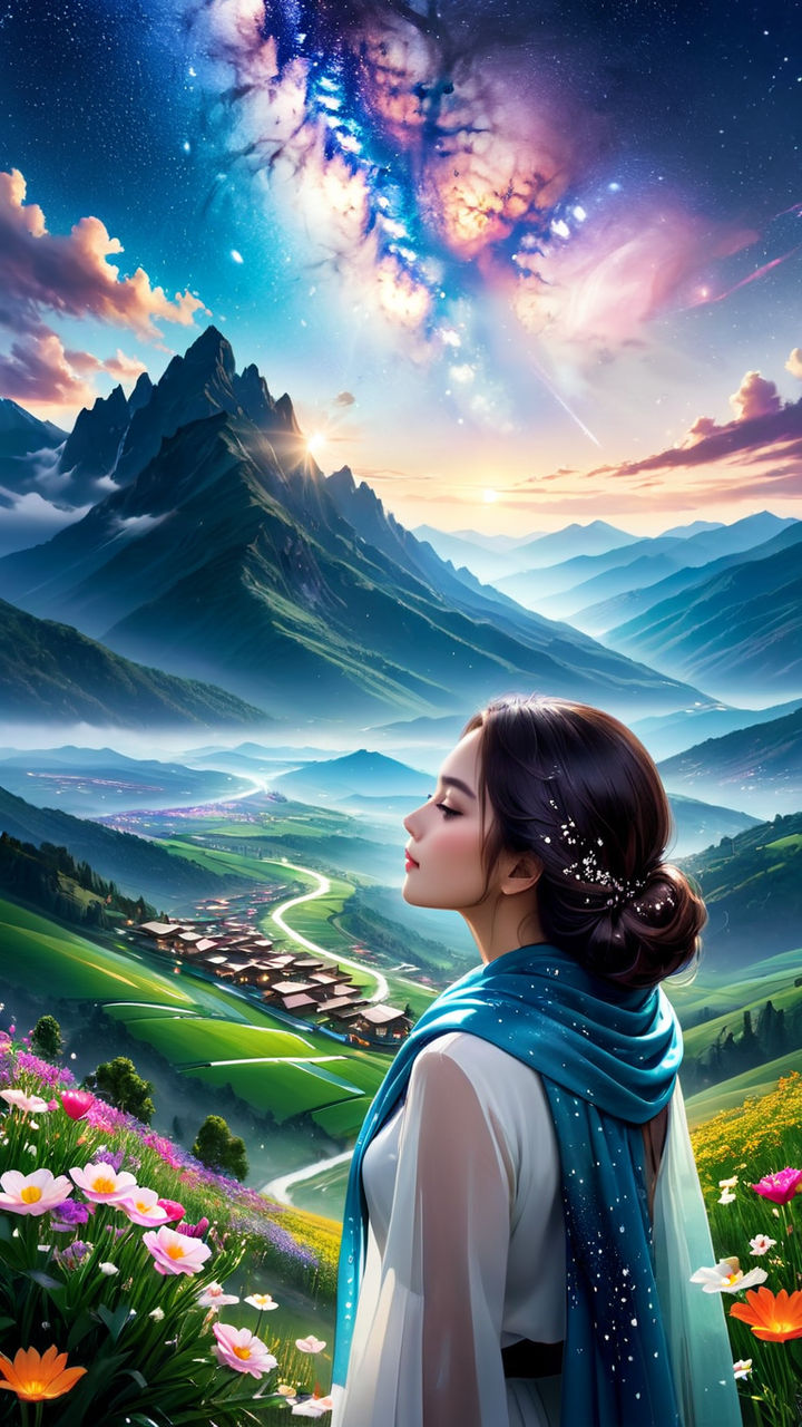 Illustration Art of a young girl meditating against a serene sky