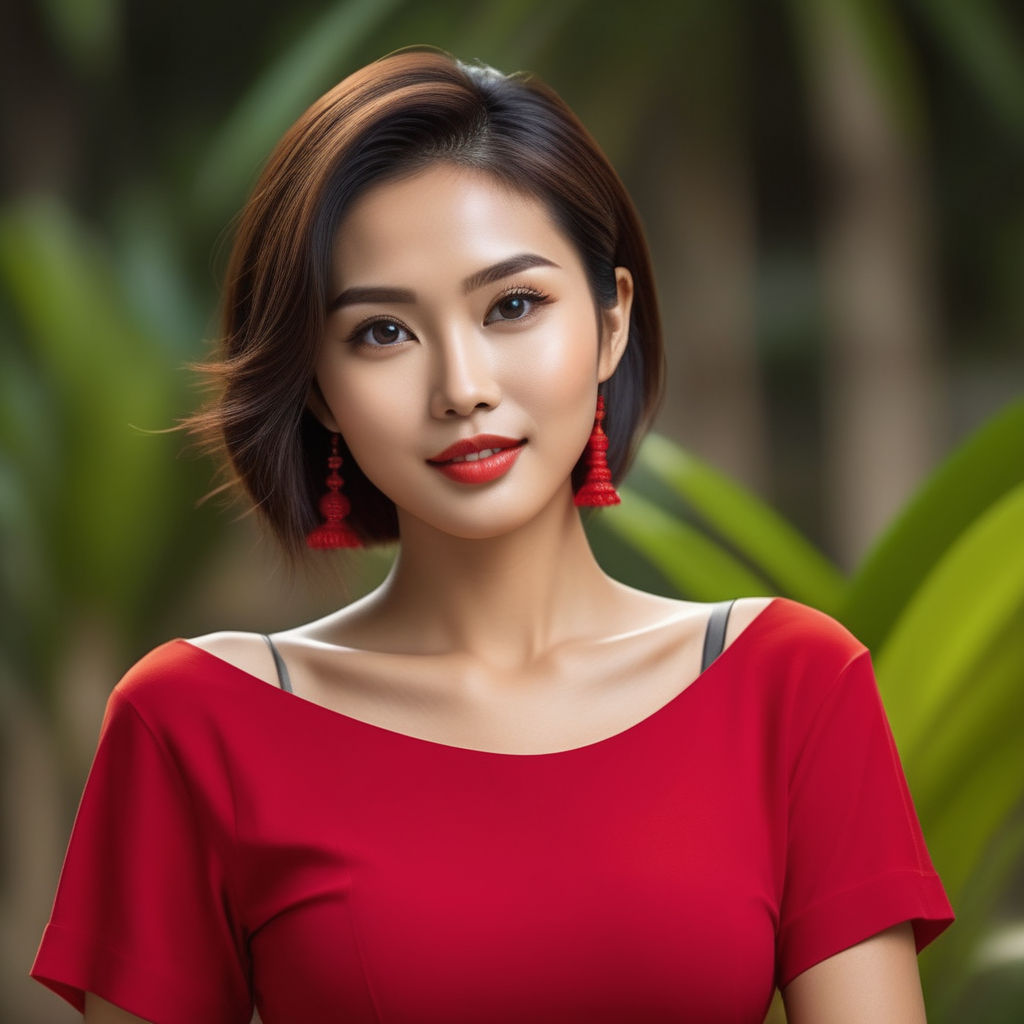 A beautiful girl with a smile is depicted chest-deep in a red dress. On a  white background - Playground