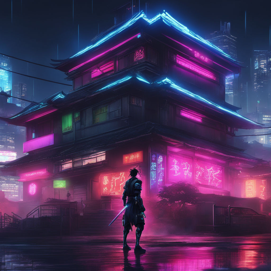 Samurai overlooking a neon-lit cyberpunk city