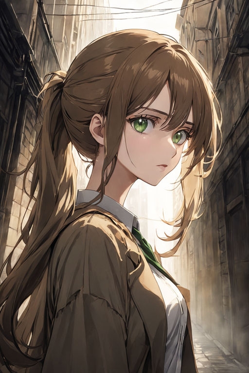 Anime a girl in a black turtleneck and dark brown hair bangs with green eyes