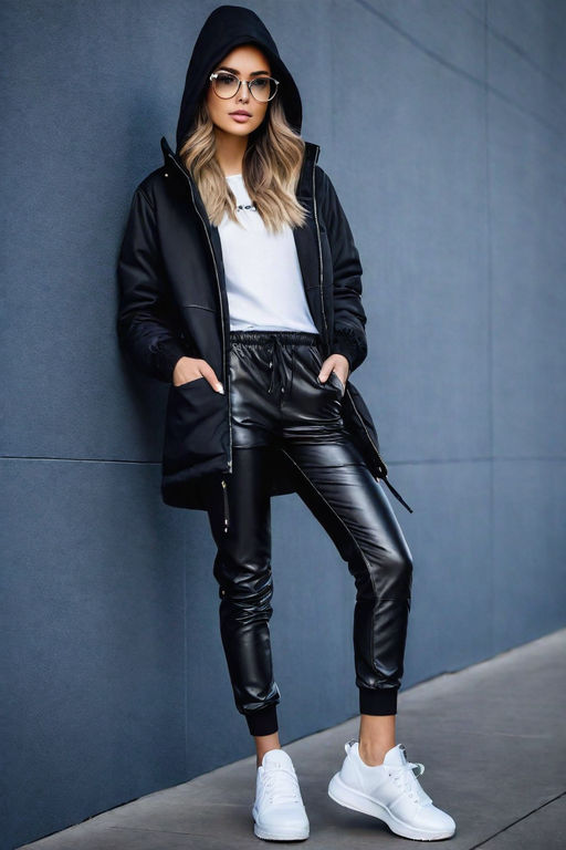 dressed in athleisure leather trouser and a contemporary - Playground