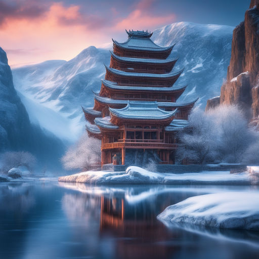 in the mountain we see Chinese building with northern light in the