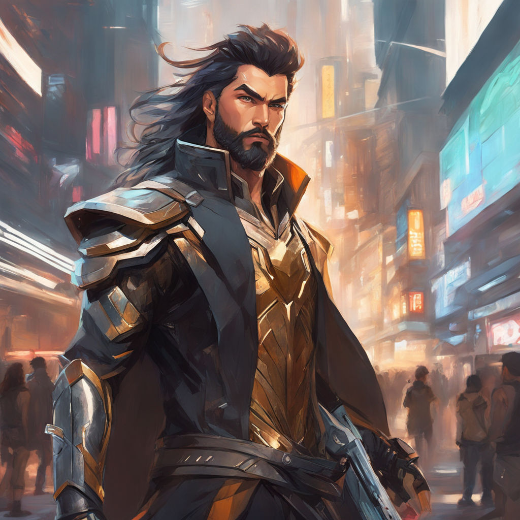 Man with dark medium hair cyberpunk mercenary streetwear muscular soldier  fighter