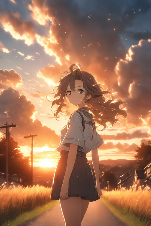 anime girl long hair in the wind