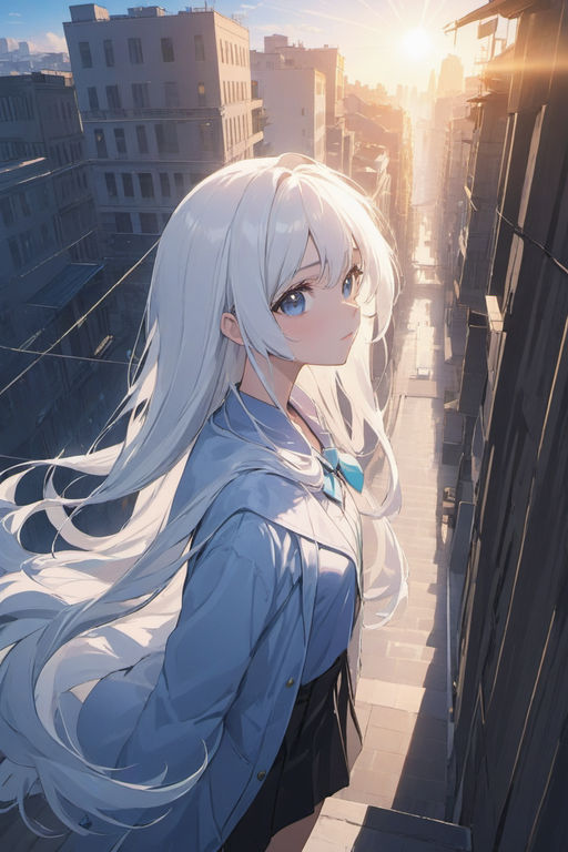 anime girl long white hair big chest blue eyes Open clothes