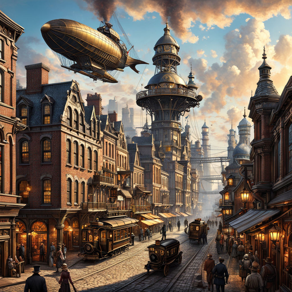 Craft a mesmerizing cityscape set in the enchanting world of steampunk.  Imagine a metropolis where airships glide through blue skies - Playground