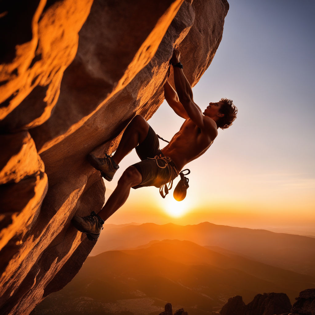 beautiful fitness woman climbing a mountain cliff at sunset