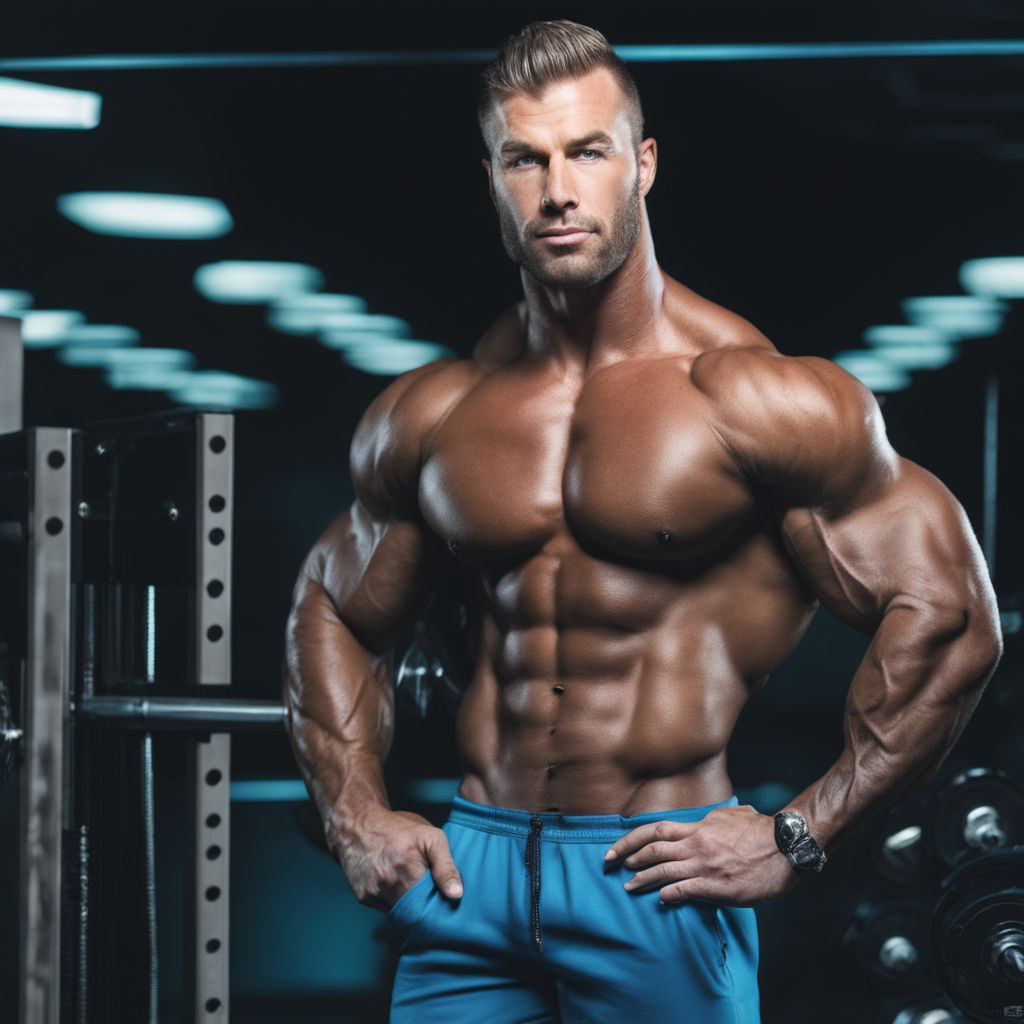 Handsome blond young man exercising pecs on gym equipment Fleece