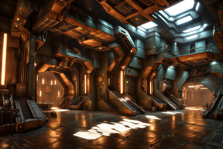 Huge space hangar. Dramatic, cinematic, high quality,, Stable Diffusion