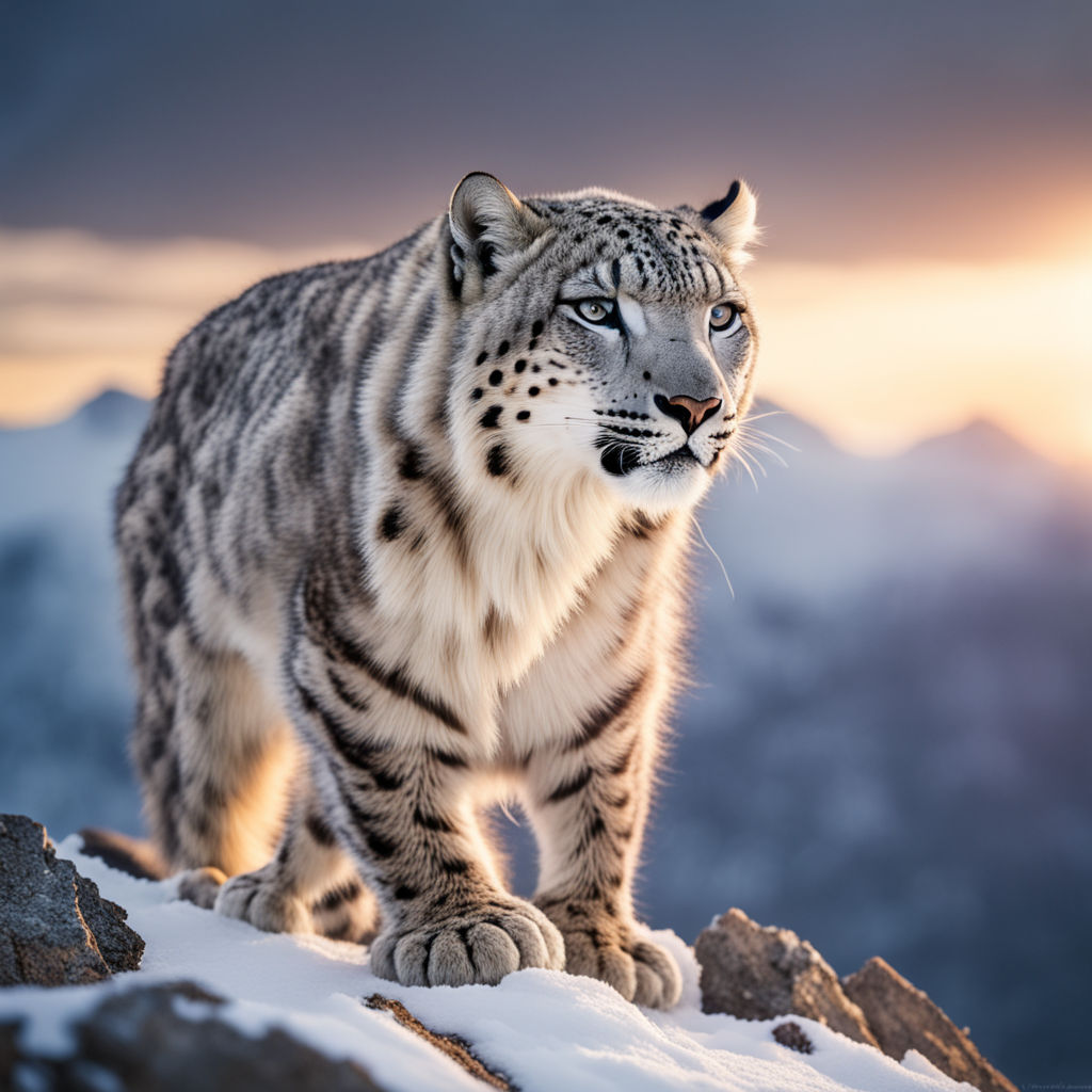 A majestic snow leopard with piercing blue eyes stands atop a rocky peak in  the Himalayas - Playground