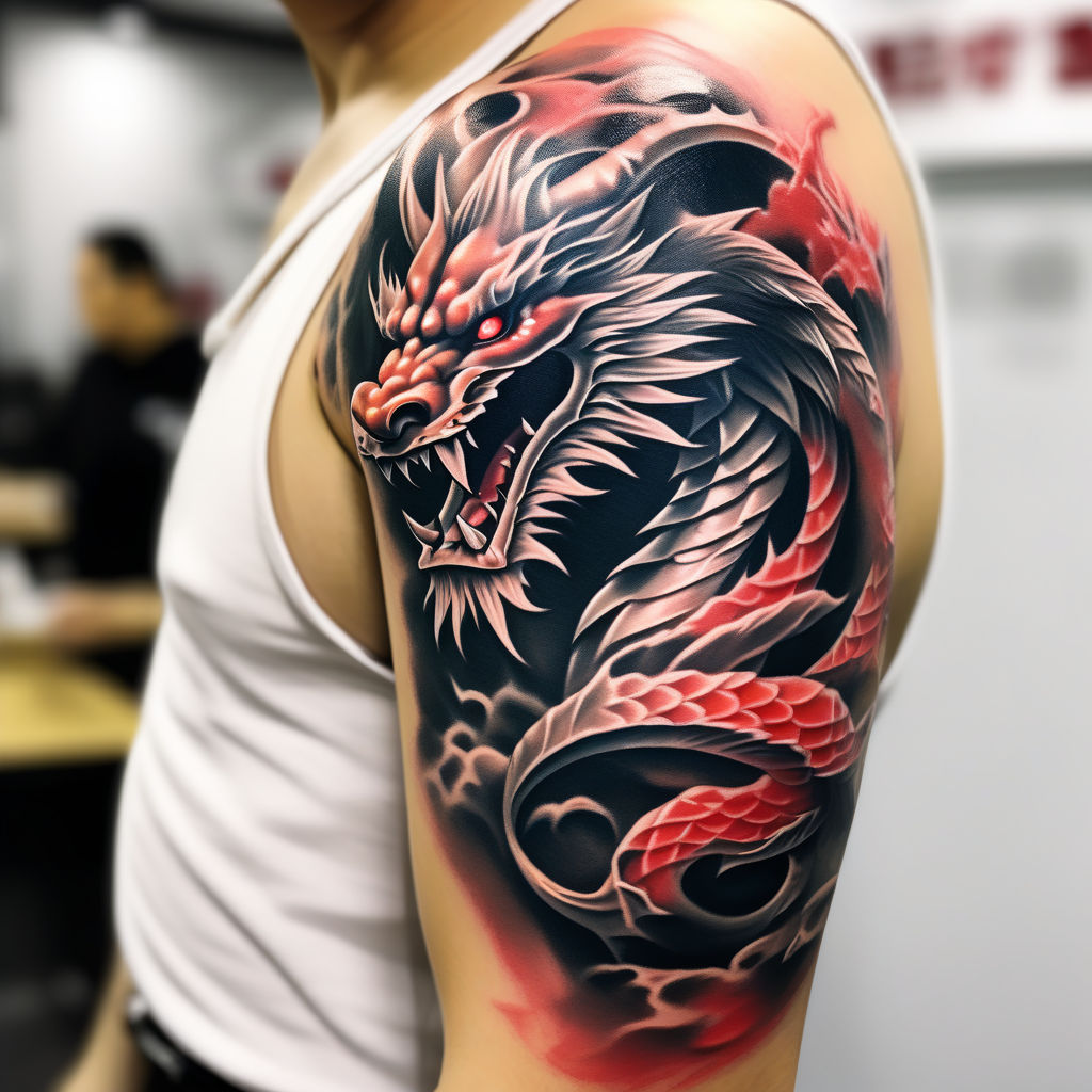 Japanese dragon tattoo on shoulder and chest on Craiyon