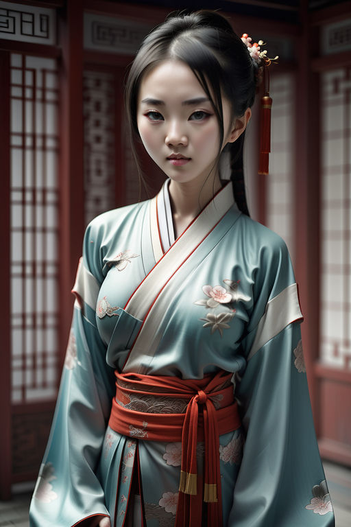 realistic oil painting. Create a stunning piece of art depicting a  beautiful girl elegantly dressed in a samurai Printed kimono - Playground