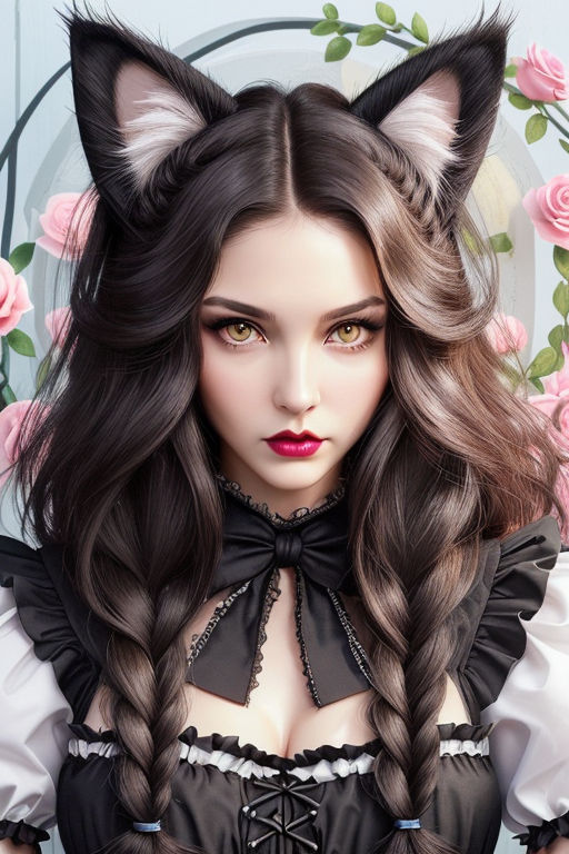 Portrait of mid body of cuttest gothic cat furry girl with blue